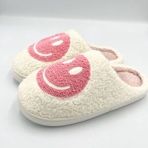Cozy Cream Slippers with Pink Smiley Face